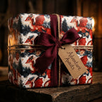 Fantasy dragon wrapping paper by Wrapped Studios on a gift box with a burgundy ribbon and adventure tag.