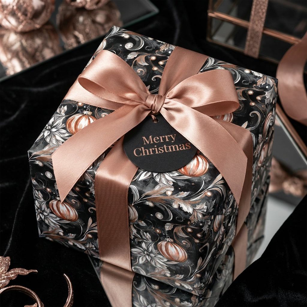 Elegant Christmas wrapping paper featuring ornament design with copper ribbon and tag.