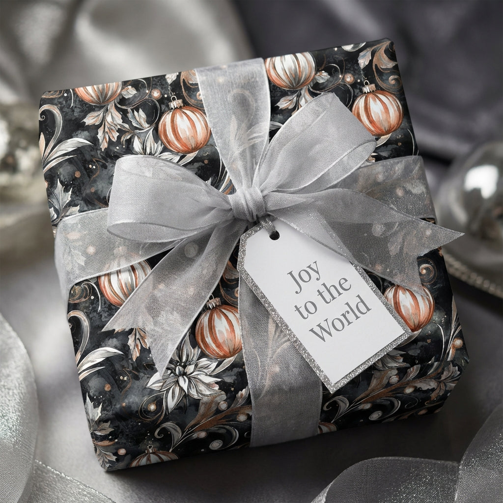 Elegant Christmas gift wrap featuring a silver ribbon, ornament pattern, and a "Joy to the World" tag.