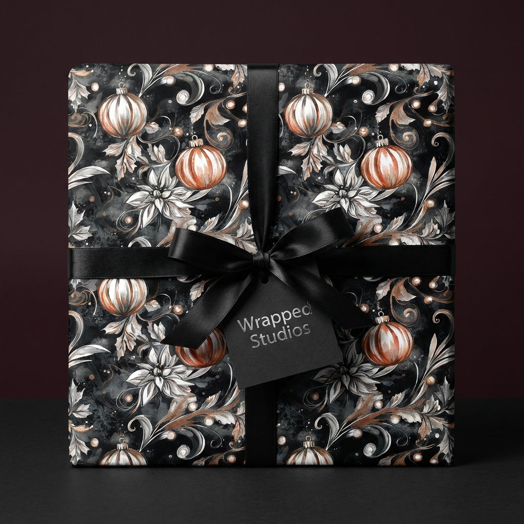 Elegant Christmas gift wrap by Wrapped Studios, featuring floral and ornament pattern with a black satin ribbon.