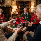 Holiday gift exchange with black floral wrapping paper and a red satin bow.