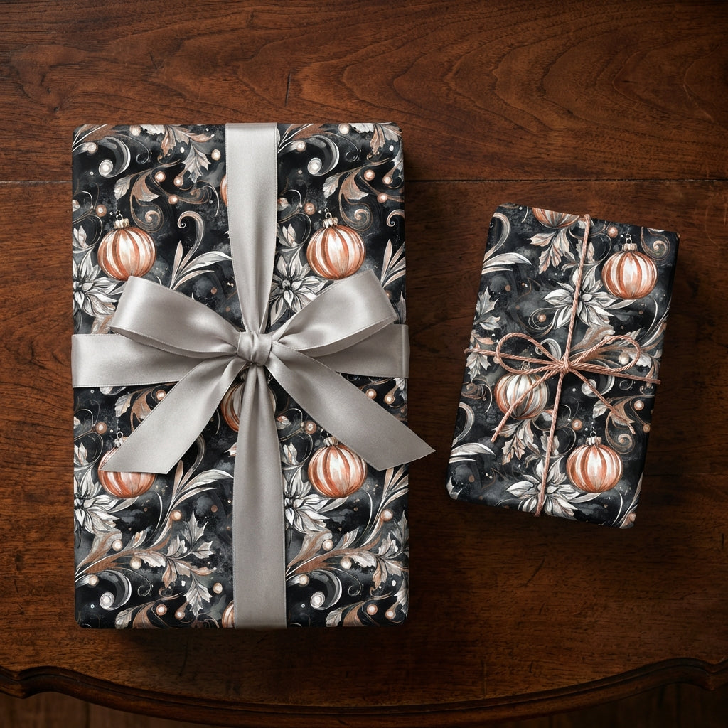 Elegant Christmas gift wrap featuring floral ornament pattern and a silver satin bow.