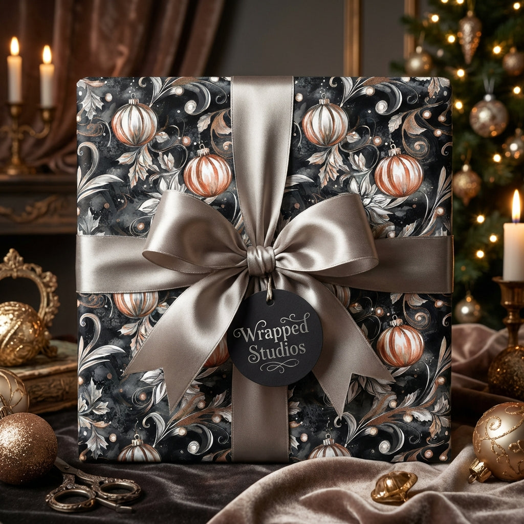 Elegant Christmas gift wrapped in black wrapping paper with gold ornament pattern and satin ribbon from Wrapped Studios.