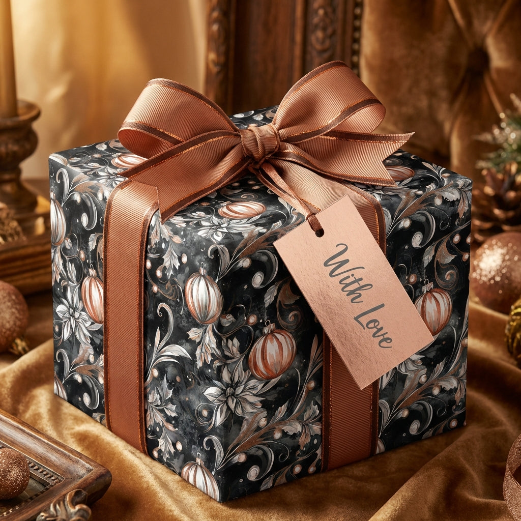 Elegant Christmas gift with black floral wrapping paper and copper ribbon.