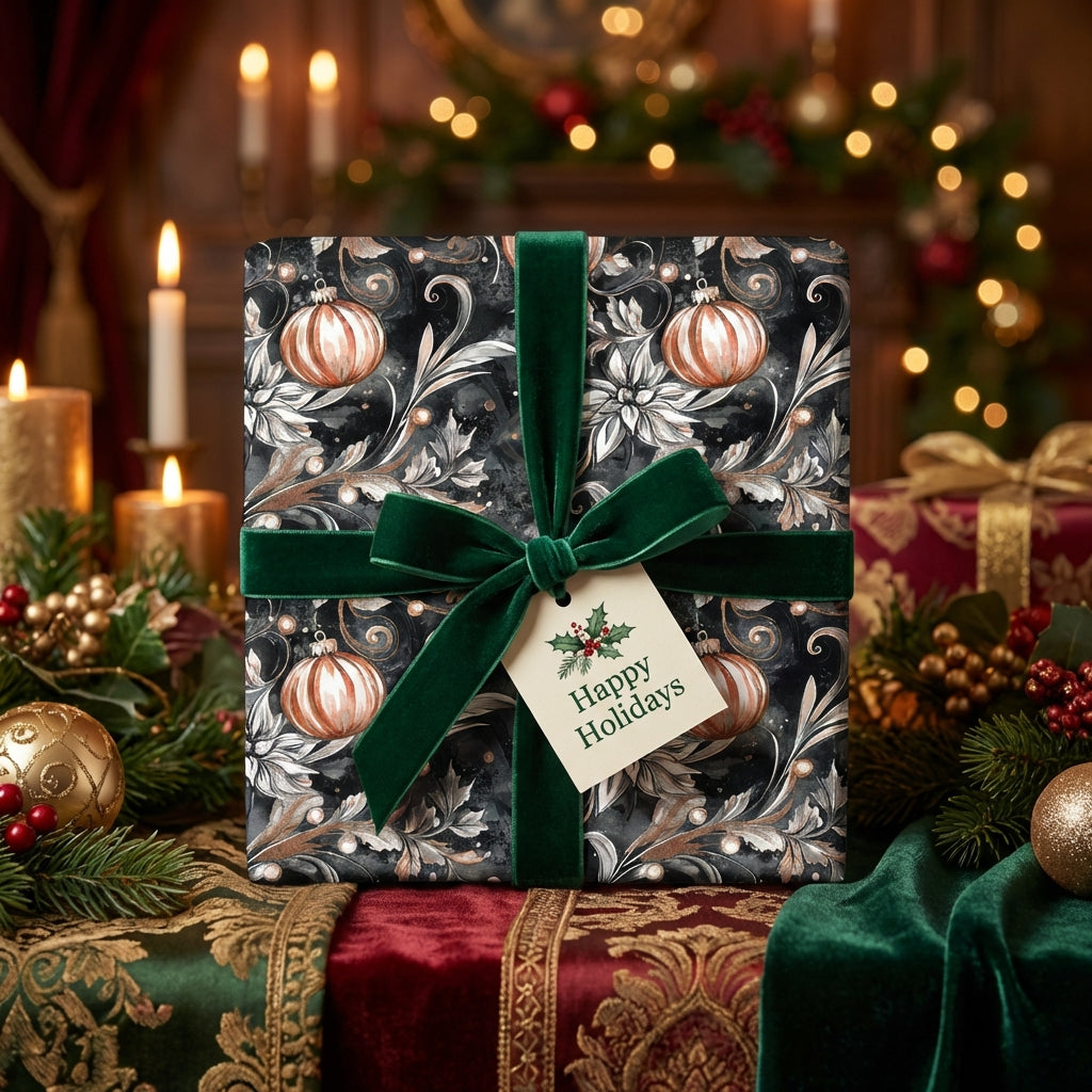 Elegant Christmas gift wrap with ornaments and a dark floral pattern, tied with a dark green velvet ribbon.