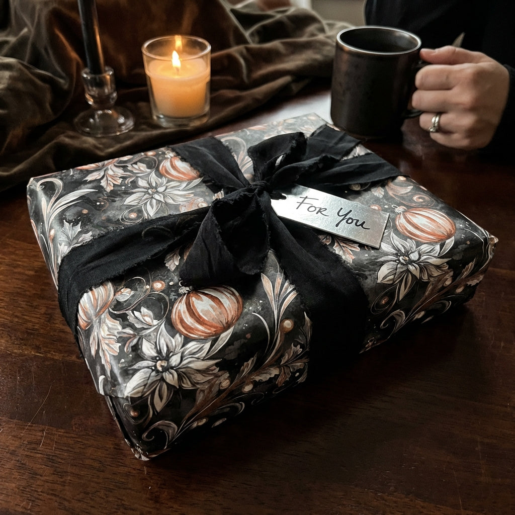 Elegant floral wrapping paper with a black ribbon and "For You" tag. Perfect holiday gift wrap from Wrapped Studios.