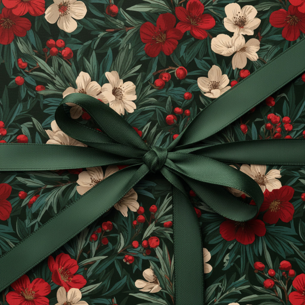 Elegant floral wrapping paper with red, green and white flowers, tied with a green ribbon.