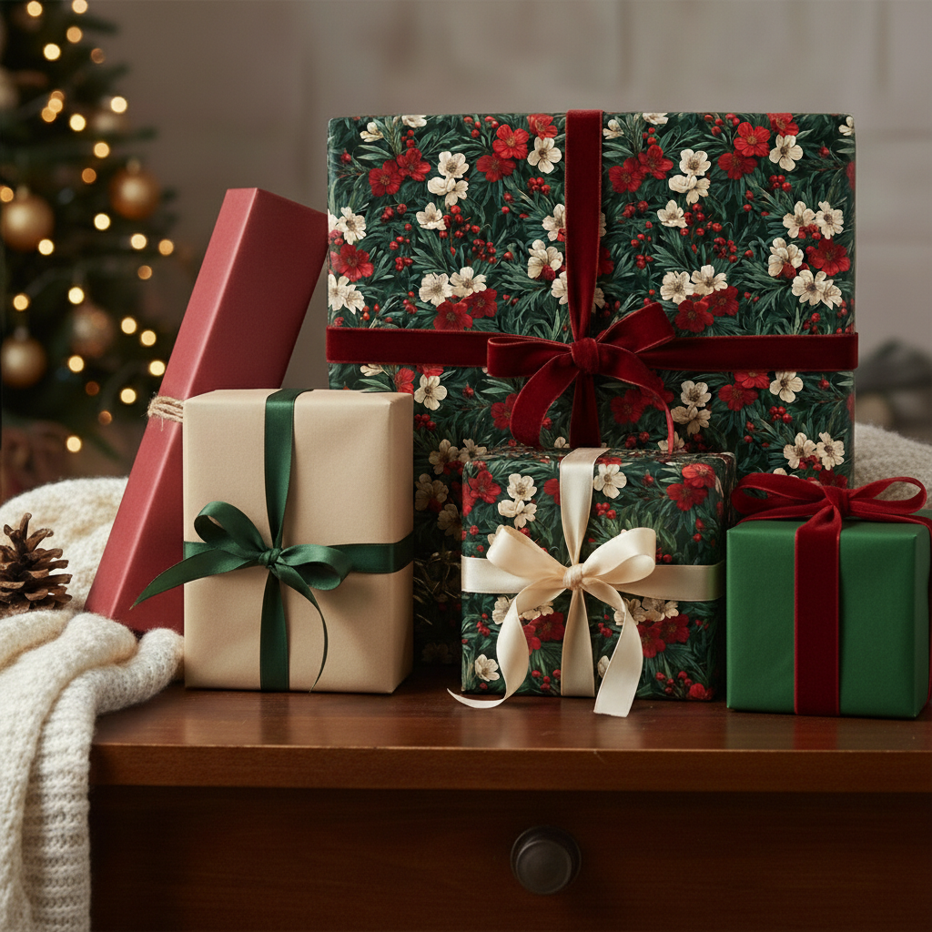 Festive Christmas presents with floral wrapping paper, red velvet ribbon, and a tree in the background.