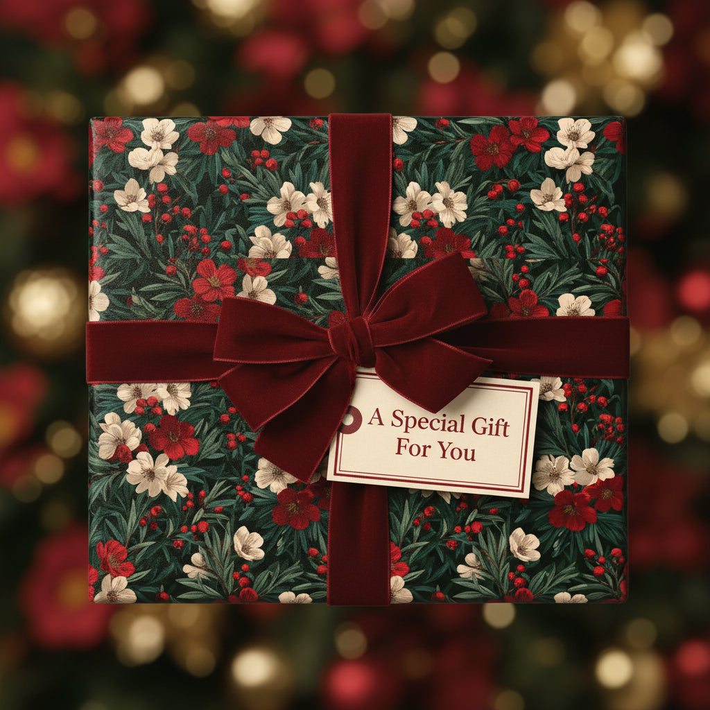 Elegant floral wrapping paper with red velvet ribbon, perfect for Christmas or special occasion gifts.