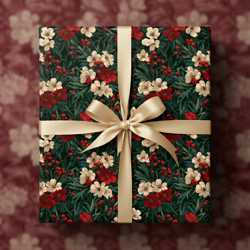Elegant floral gift wrap with red and white blossoms and a gold satin ribbon.