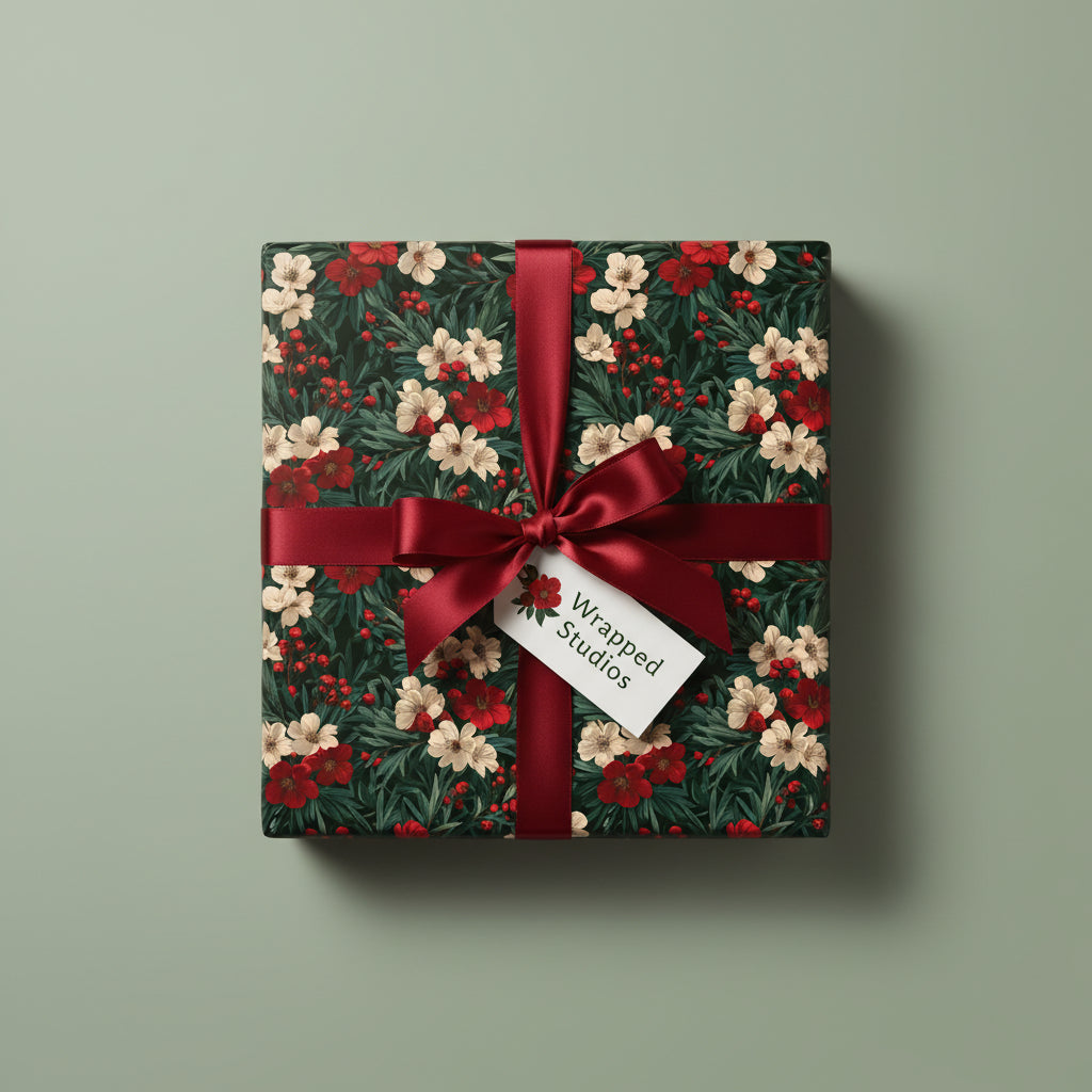 Square gift wrapped in dark floral wrapping paper with red satin ribbon.