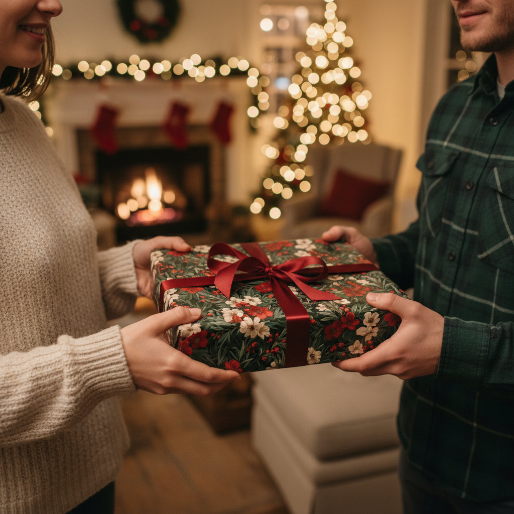Exchanging gifts wrapped in floral Christmas wrapping paper with red ribbon bow near a festive fireplace.