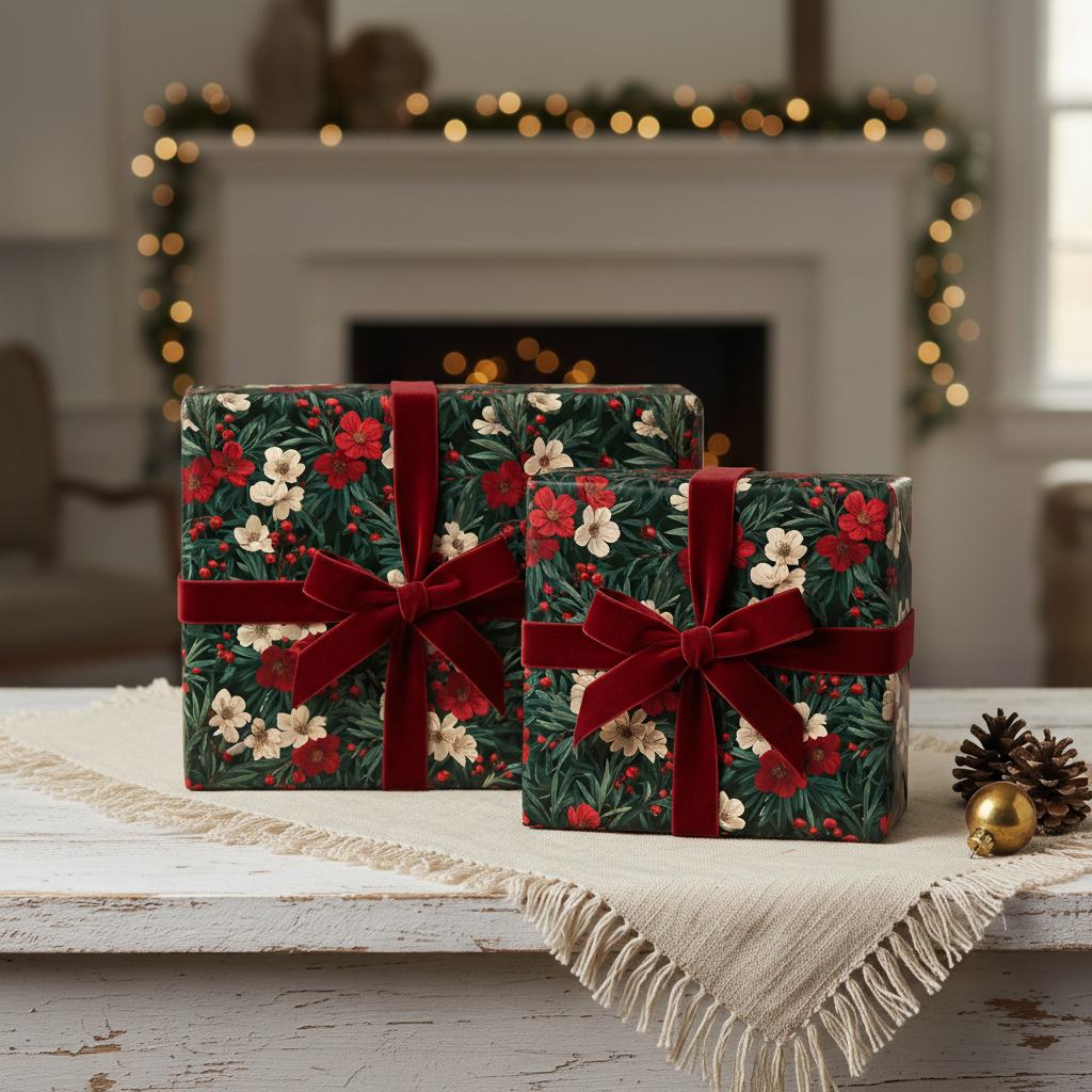 Two Christmas gifts wrapped in dark green floral wrapping paper with red velvet ribbons.