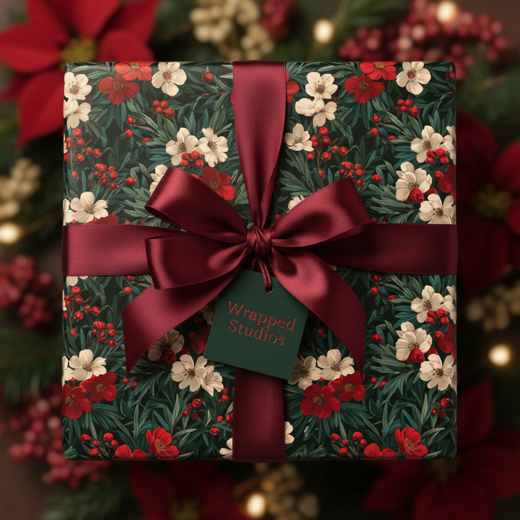 Elegant gift wrapped in floral wrapping paper with a dark green background and red ribbon, perfect for Christmas gifts.