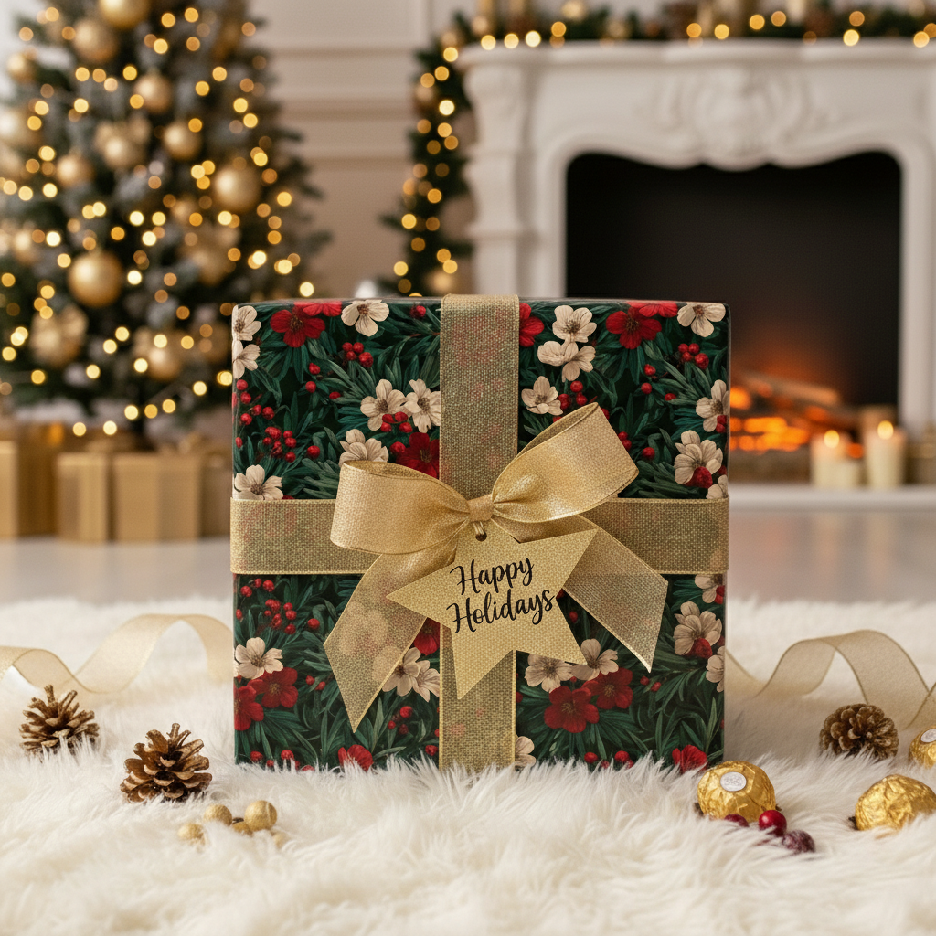 Elegant Christmas gift wrapped in dark floral wrapping paper with gold ribbon and a "Happy Holidays" tag.