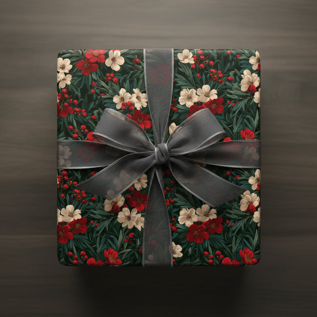 Square gift wrapped in floral Christmas wrapping paper with gray sheer ribbon on wood surface.