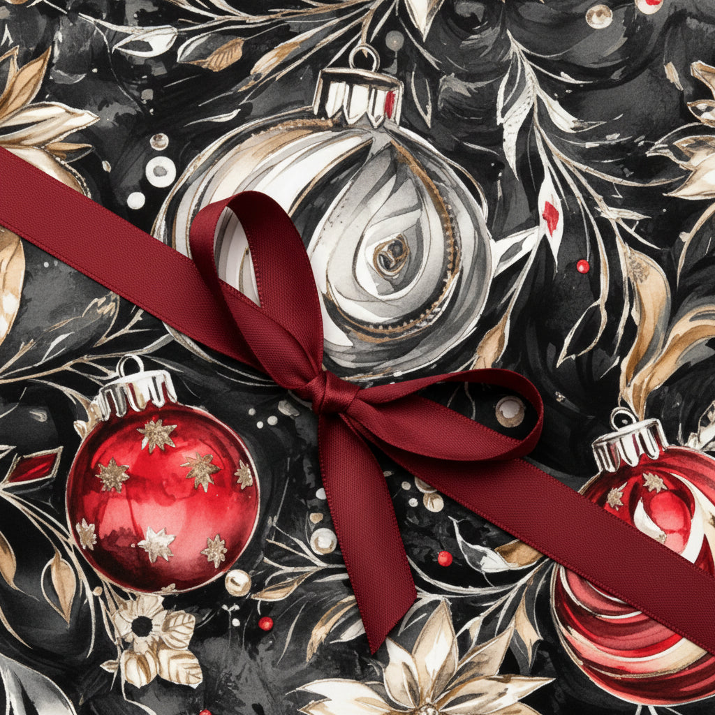 Elegant Christmas wrapping paper with dark floral pattern, ornament accents and red ribbon bow.