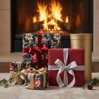 Elegant Christmas gifts with floral gift wrap and red, gold, and silver ribbon near a fireplace.