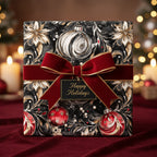 Elegant Christmas gift wrap with ornament and floral pattern, tied with a red velvet bow and "Happy Holidays" tag.