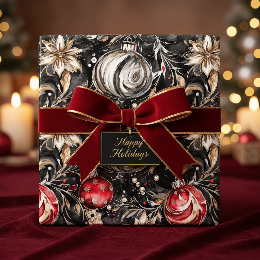 Elegant Christmas gift wrap with ornament and floral pattern, tied with a red velvet bow and "Happy Holidays" tag.