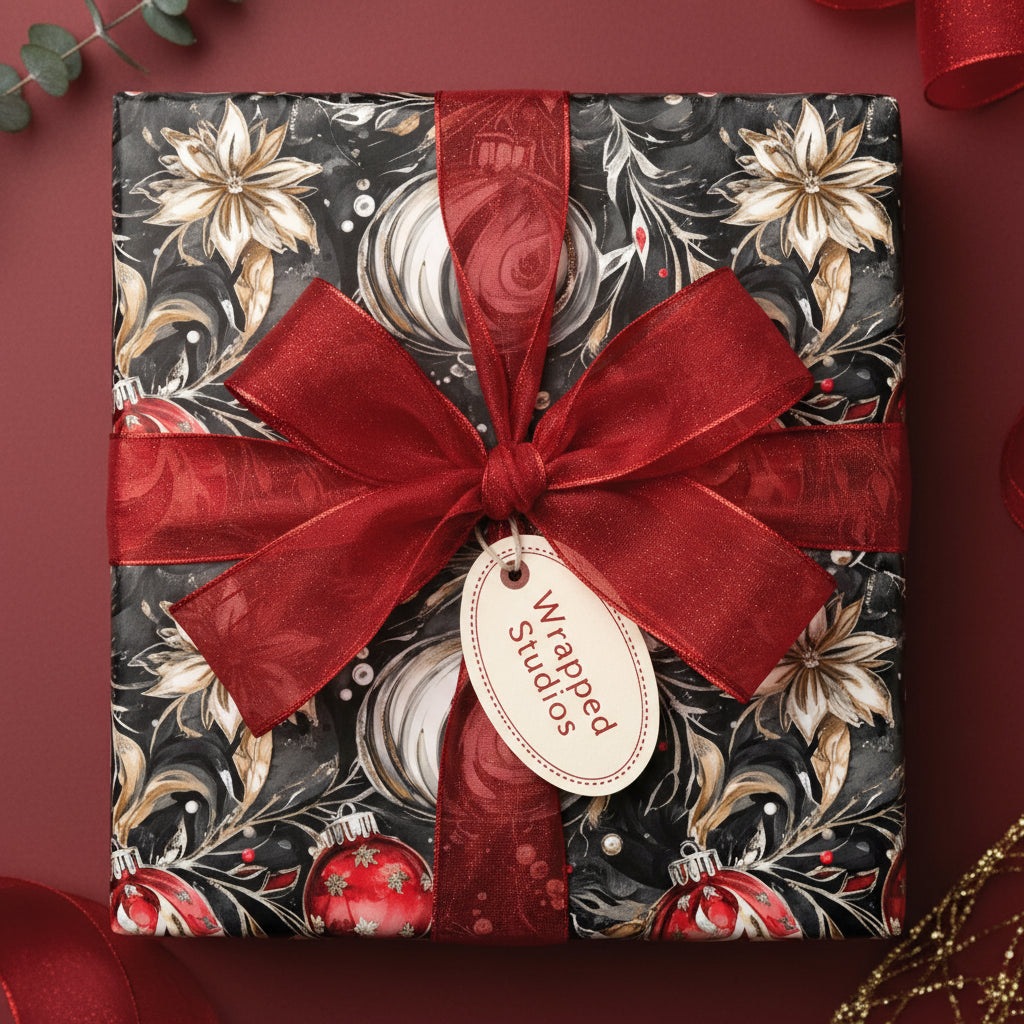 Elegant Christmas gift wrap with floral and ornament pattern tied with a red ribbon from Wrapped Studios.