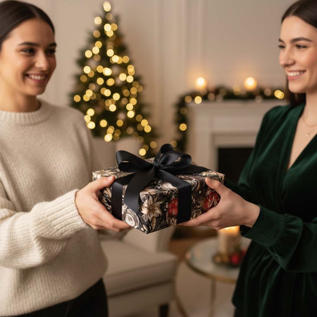 Woman exchanging a gift wrapped in floral Christmas wrapping paper with a black ribbon.
