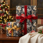 Elegant Christmas gifts wrapped in black floral wrapping paper with red and gold ribbons.