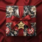 Elegant Christmas gift wrap with floral and ornament pattern, dark red satin bow.