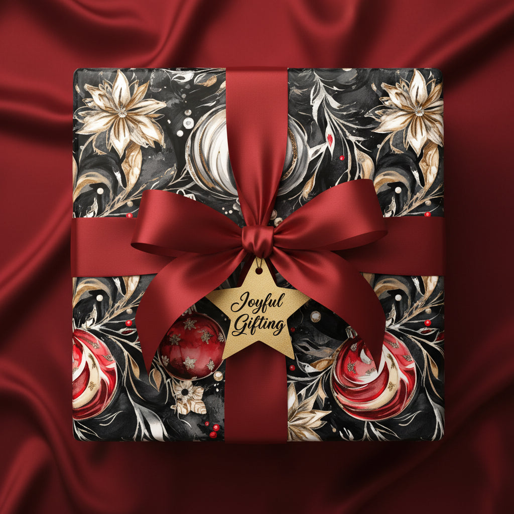 Elegant Christmas gift wrap with floral and ornament pattern, dark red satin bow.