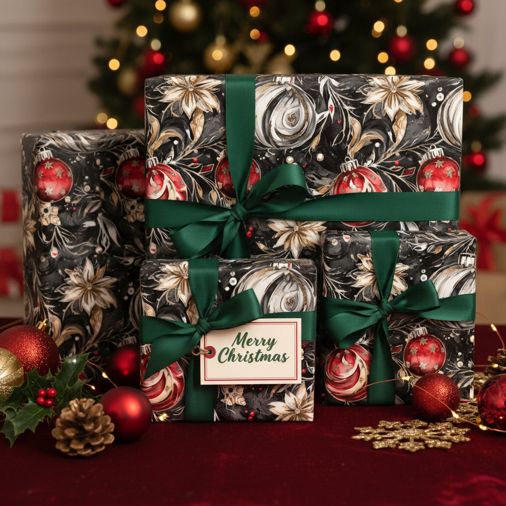 Elegant Christmas gift wrap. Black floral paper with green ribbon and ornament design.