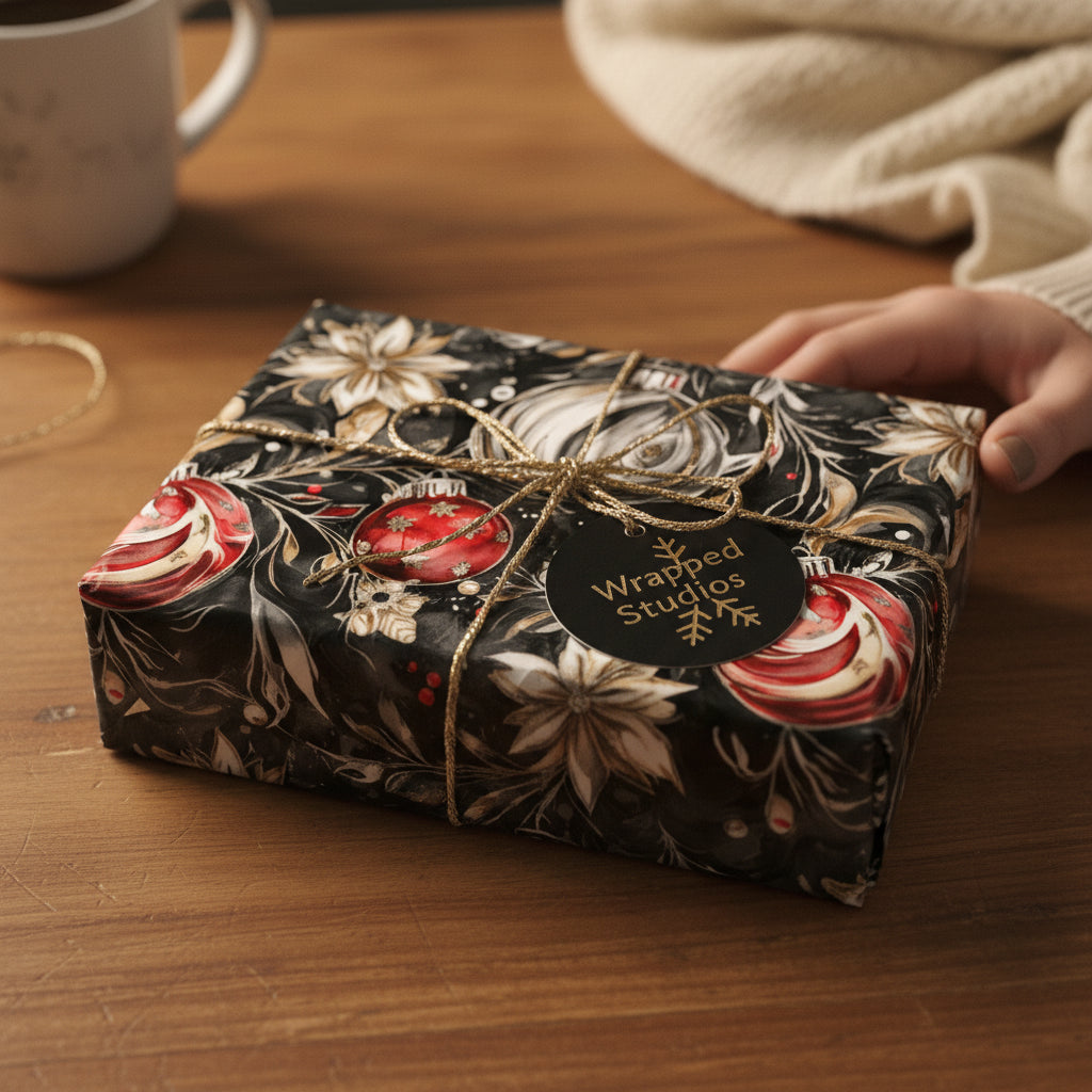 Wrapped Studios Christmas gift wrap. Square box in dark floral paper with ornaments and gold string.