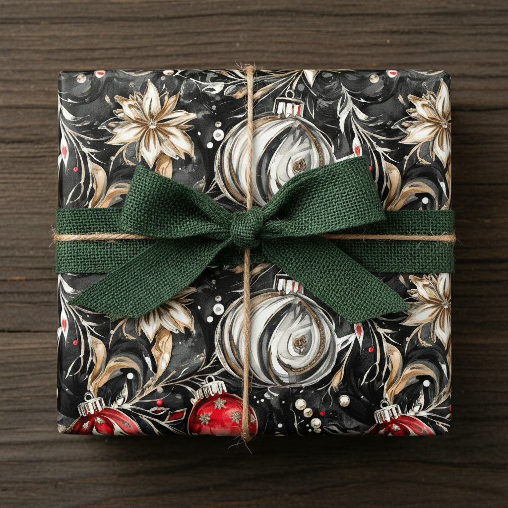 Elegant Christmas gift wrap with floral & ornament pattern and green ribbon bow.