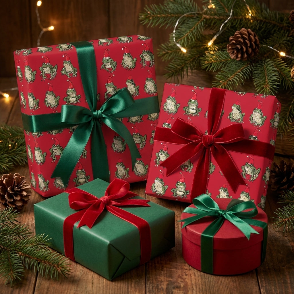 Whimsical frog Christmas gift wrap by Wrapped Studios on holiday presents with festive red and green ribbons.