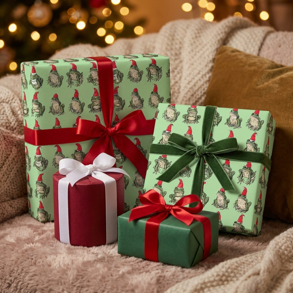 Whimsical frog Christmas wrapping paper with red and green ribbons on holiday gifts by Wrapped Studios.