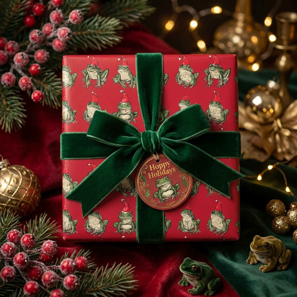 Frog Christmas wrapping paper with a luxury green velvet bow and holiday tag by Wrapped Studios.