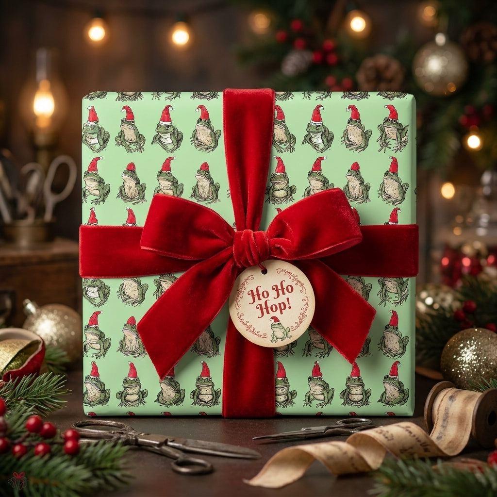 Cute frog Christmas gift wrap with a red velvet bow on a holiday box, by Wrapped Studios.