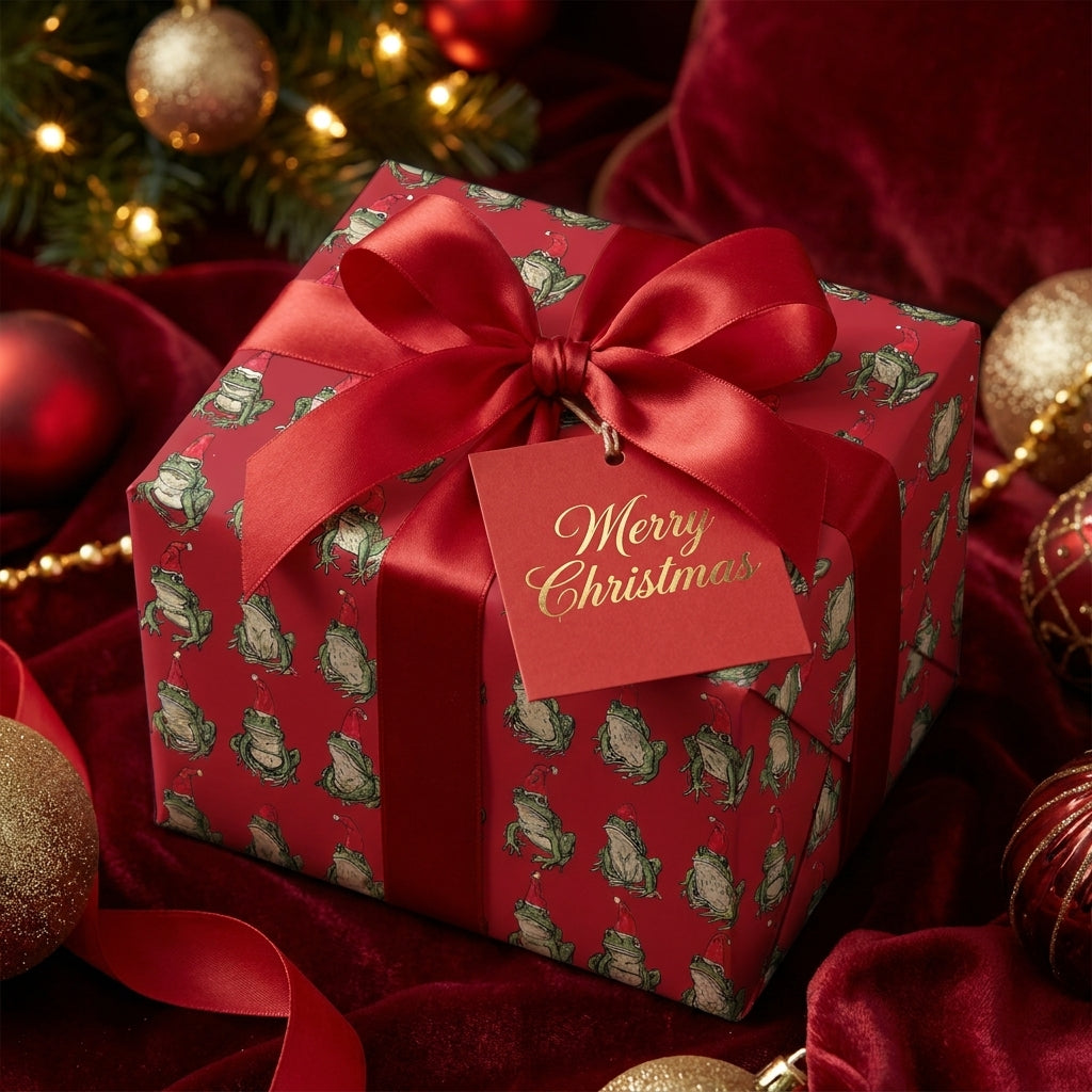 Whimsical frog Christmas wrapping paper with elegant red bow and tag by Wrapped Studios.