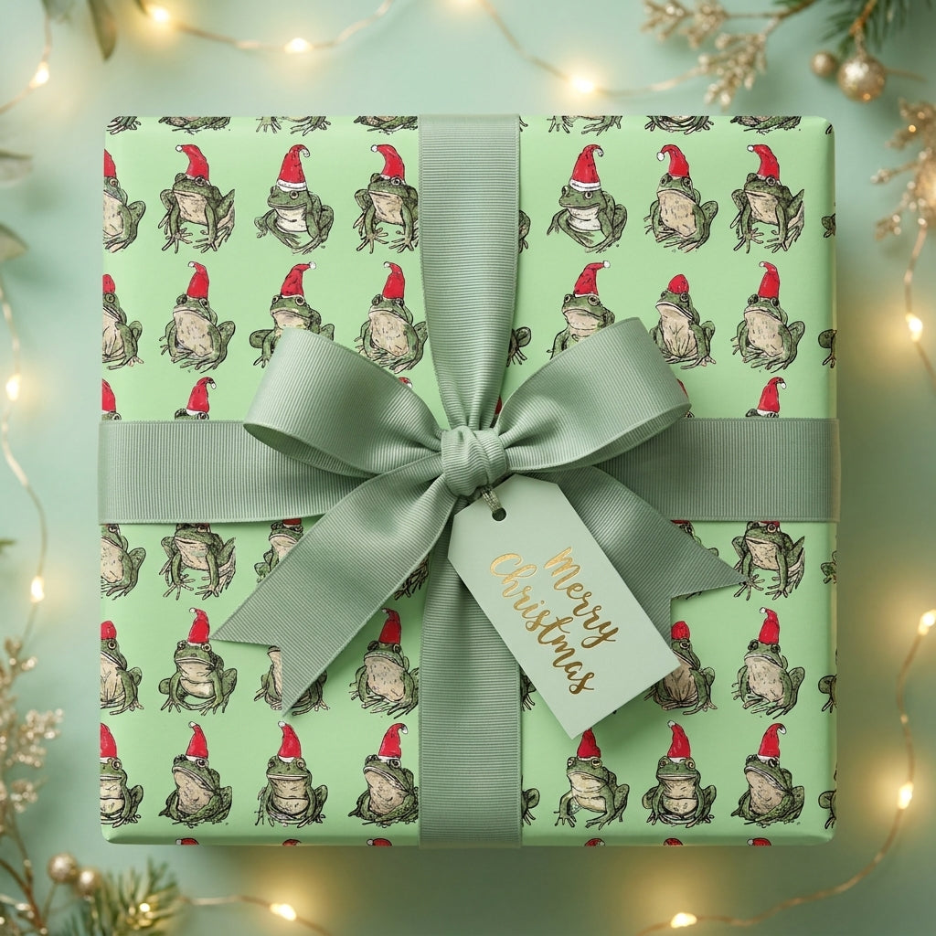 Cute frog Christmas wrapping paper with a sage ribbon and Merry Christmas tag, by Wrapped Studios.
