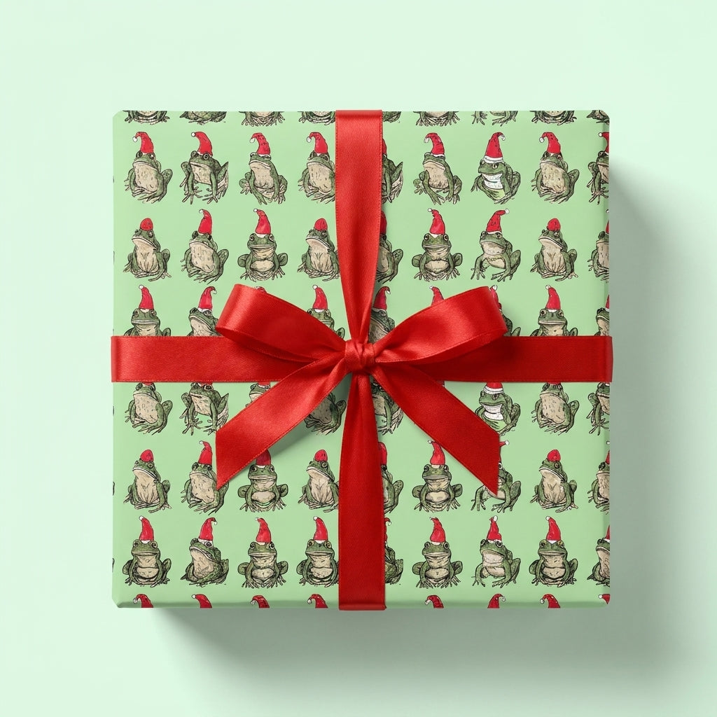 Funny frog Christmas wrapping paper with red ribbon and Santa hats by Wrapped Studios.