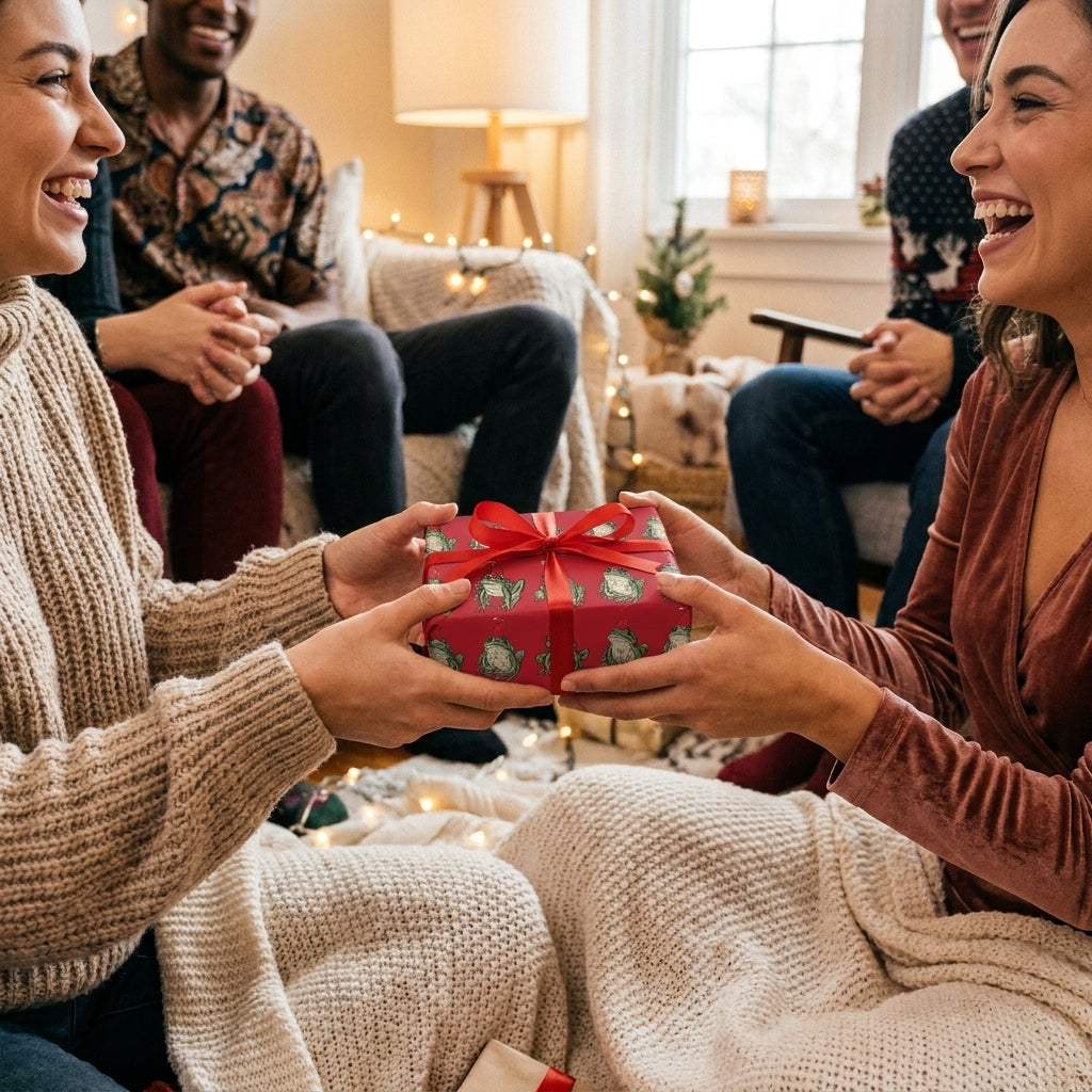 Red frog Christmas gift wrap by Wrapped Studios being exchanged by friends in a cozy holiday setting.