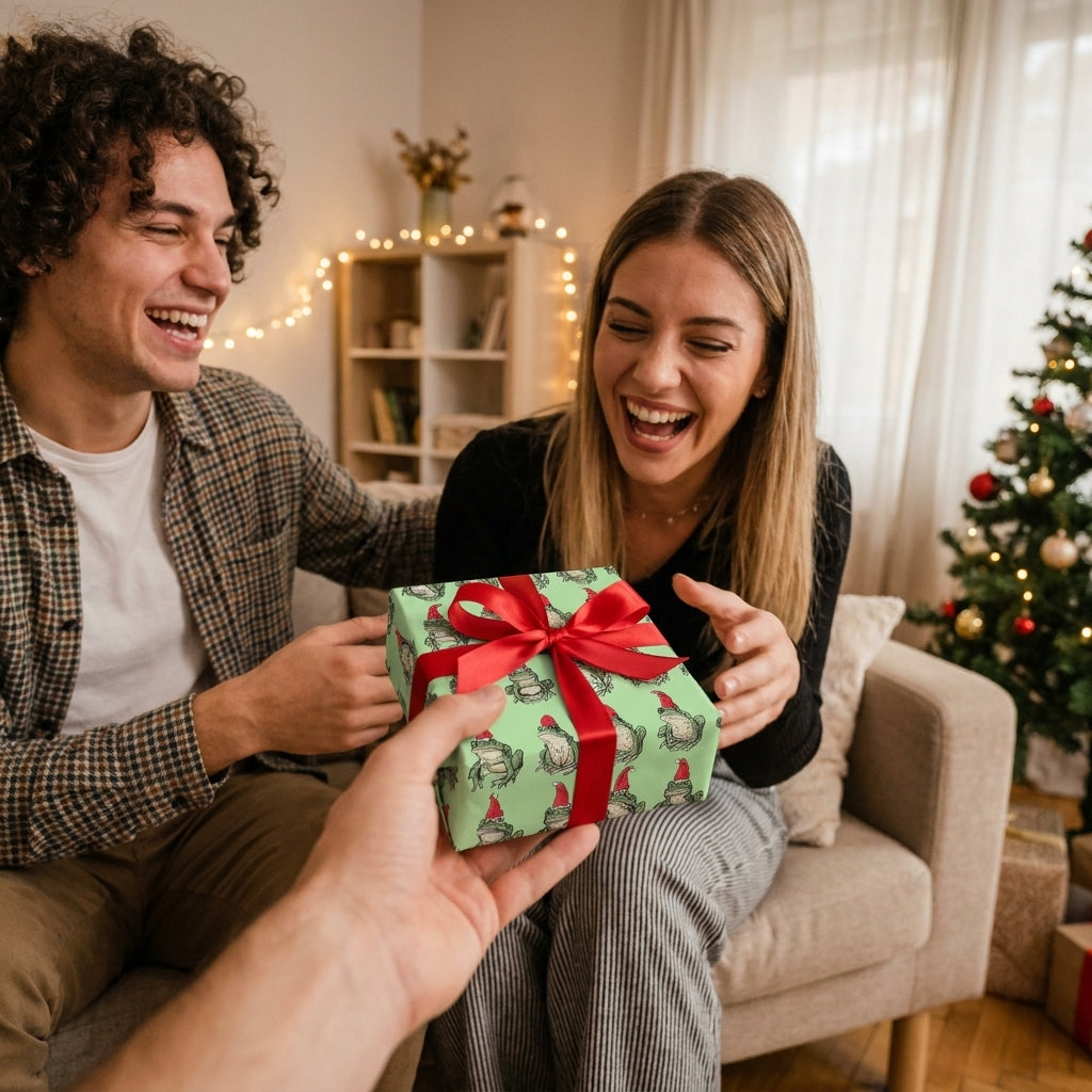 Cute frog Christmas wrapping paper by Wrapped Studios on a gift with a red bow, being given to a couple.