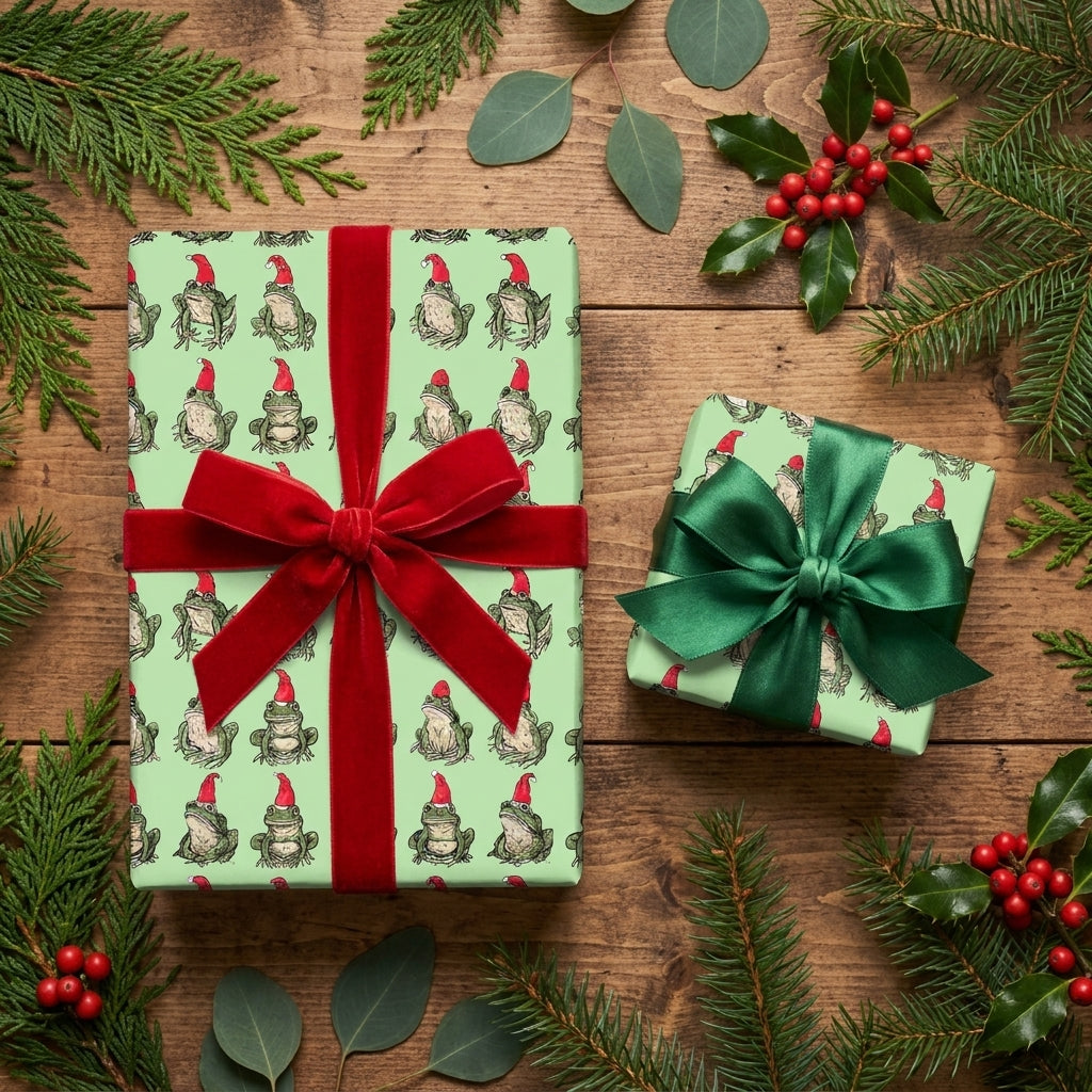Whimsical frog Christmas wrapping paper with red velvet ribbon on holiday gifts by Wrapped Studios.