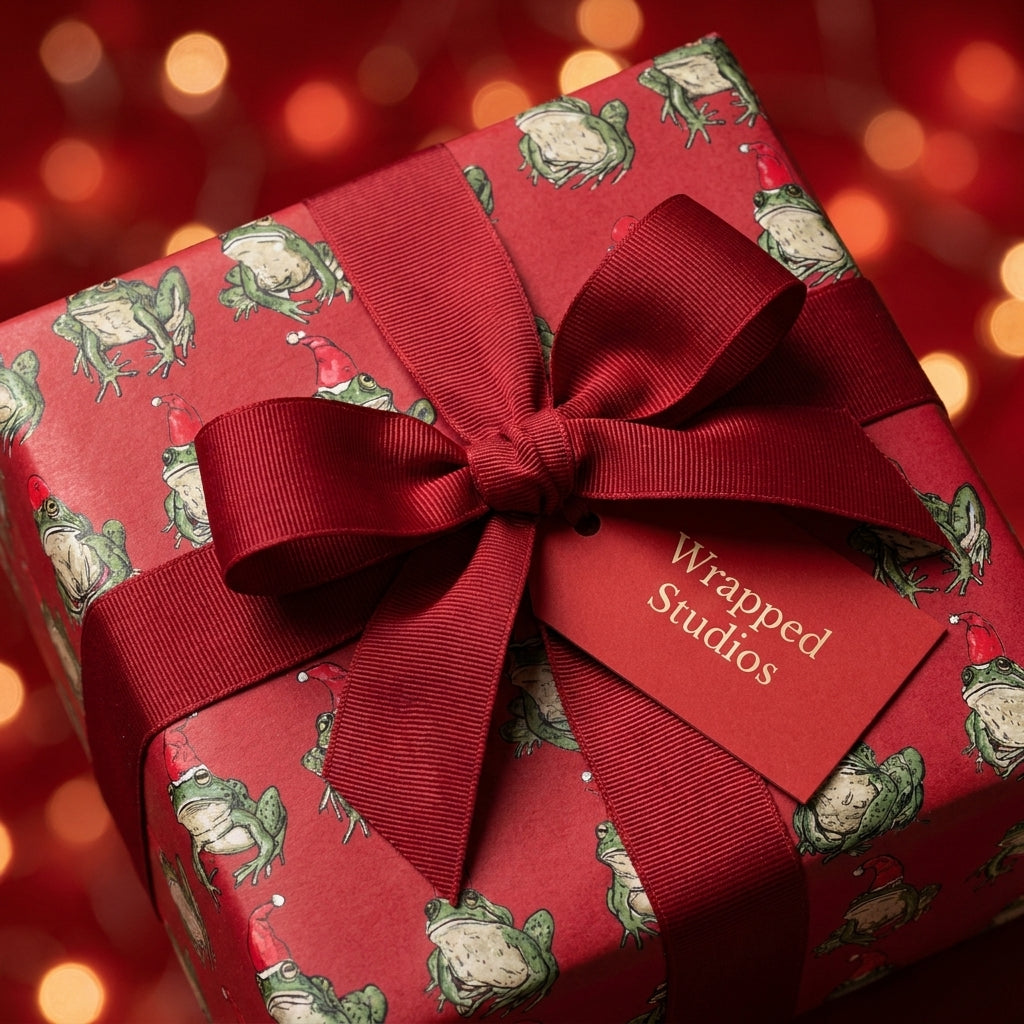 Red Christmas wrapping paper with festive green frogs wearing Santa hats and a red bow by Wrapped Studios.