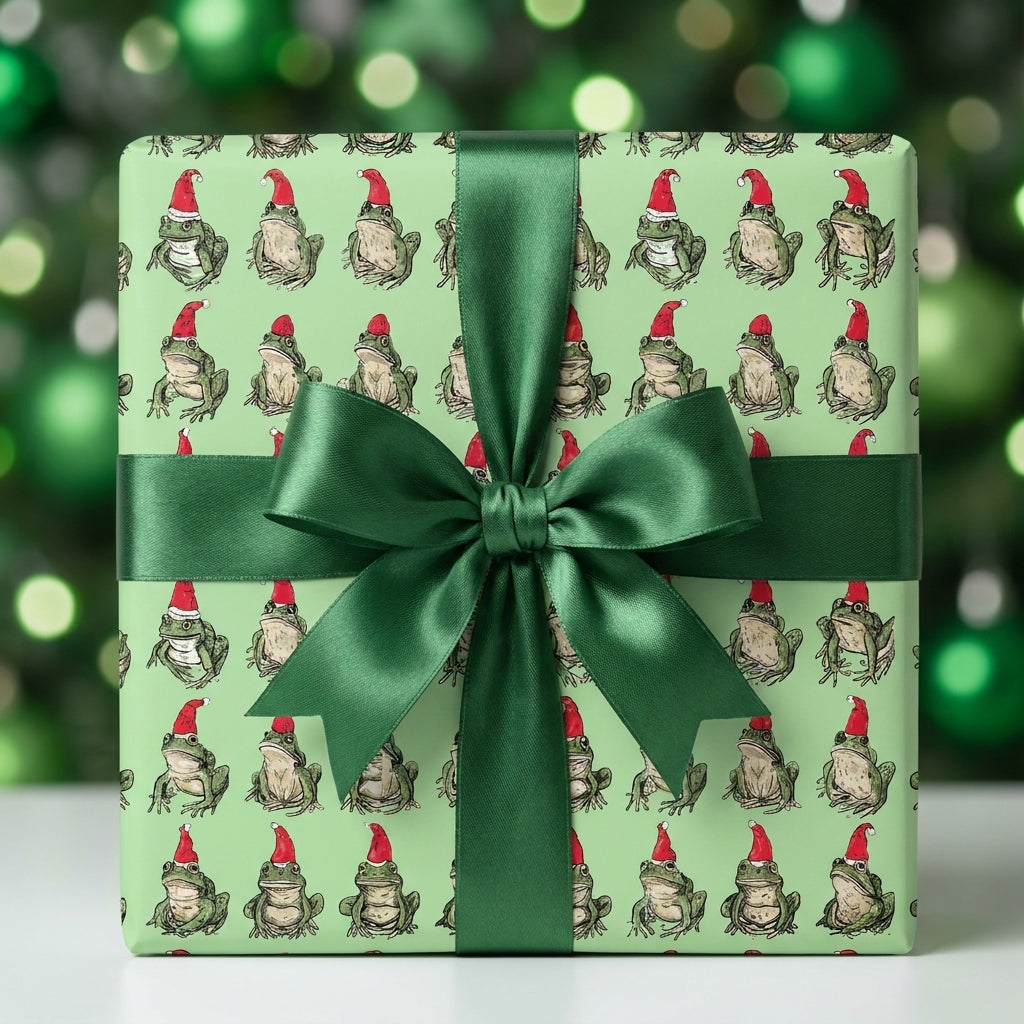 Whimsical frog Christmas wrapping paper with a dark green satin ribbon, by Wrapped Studios.