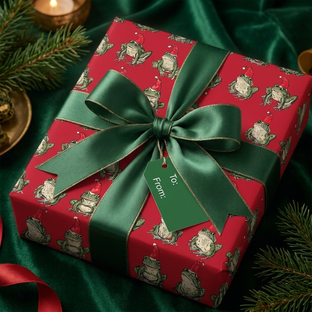 Funny frog Christmas wrapping paper with a green satin bow on a gift box by Wrapped Studios.