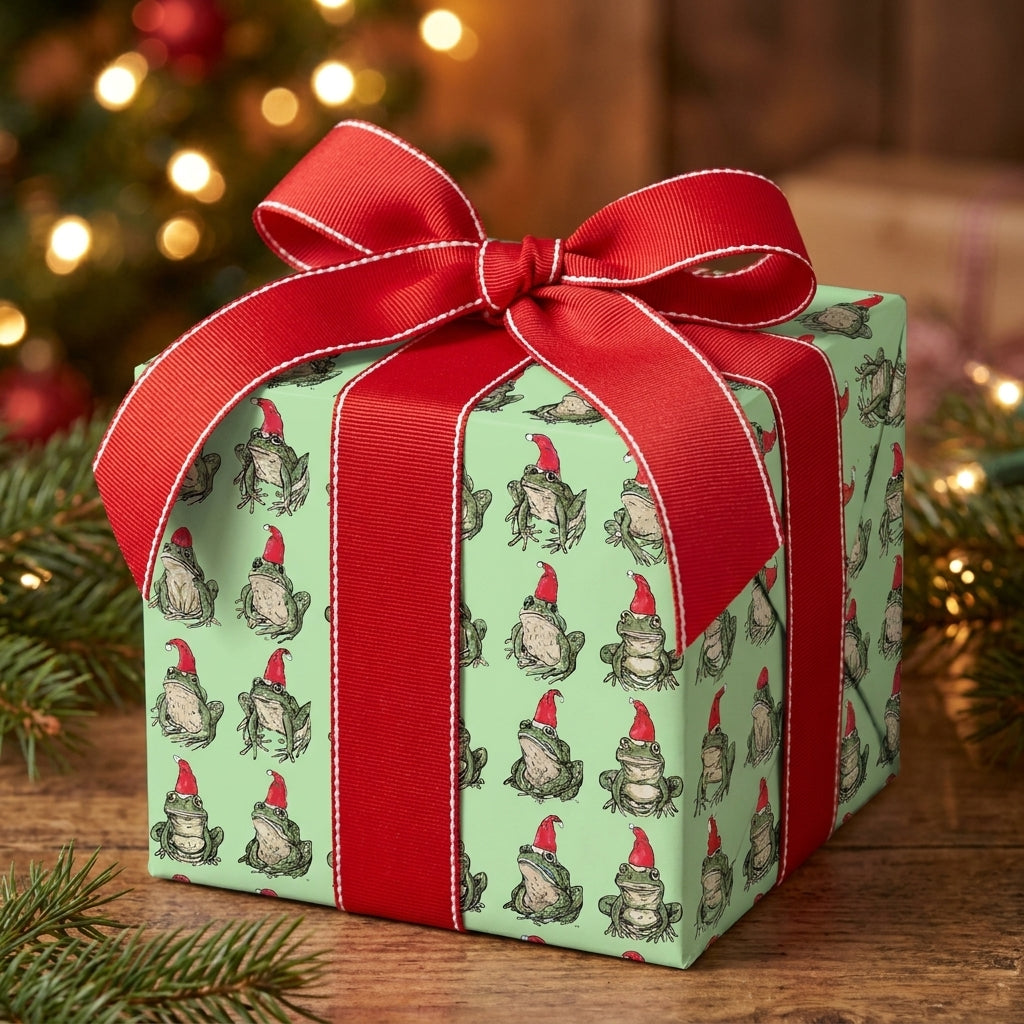 Cute frog Christmas wrapping paper with a red ribbon by Wrapped Studios.
