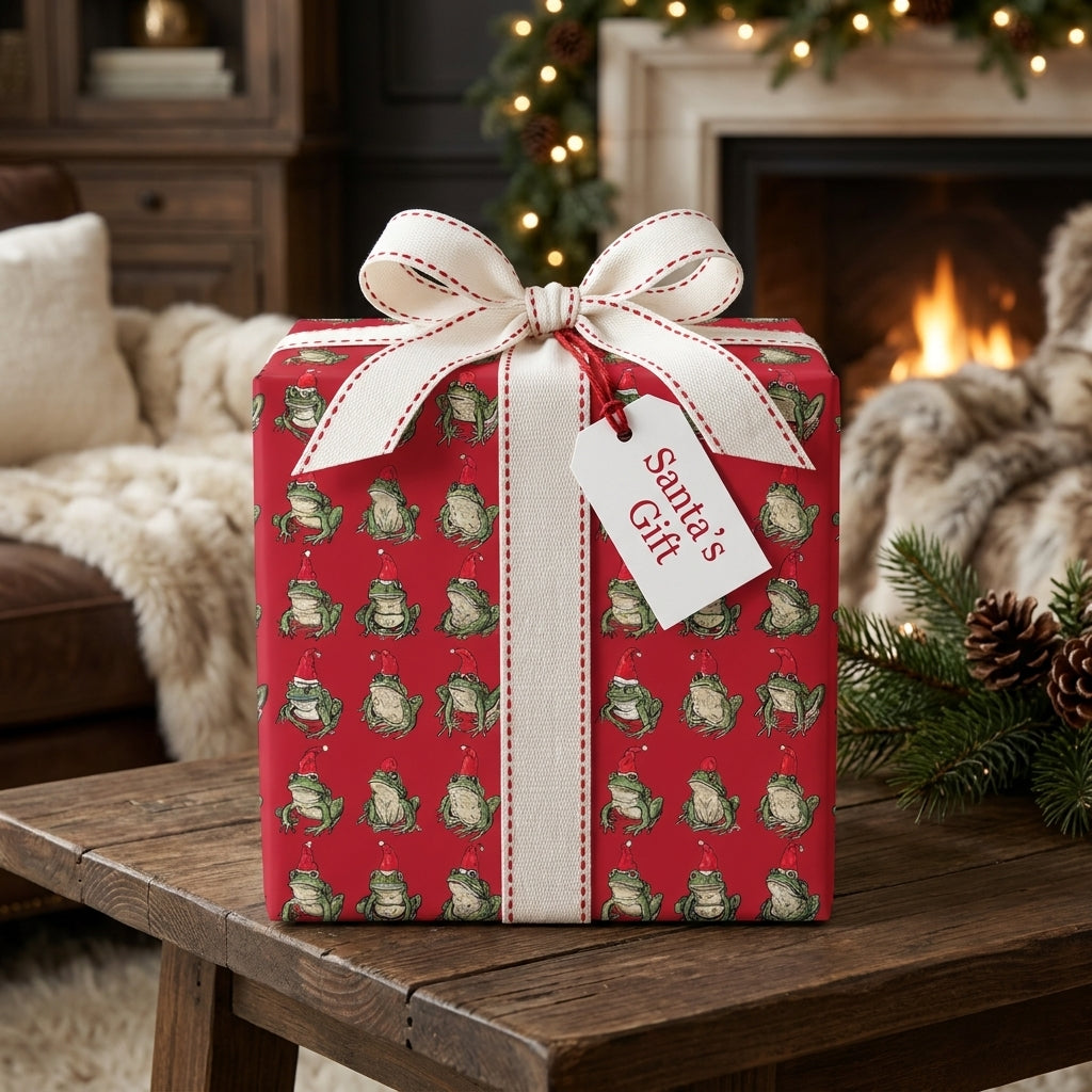 Red Christmas gift wrap with green frogs in Santa hats by Wrapped Studios, on a gift box by a cozy fireplace.
