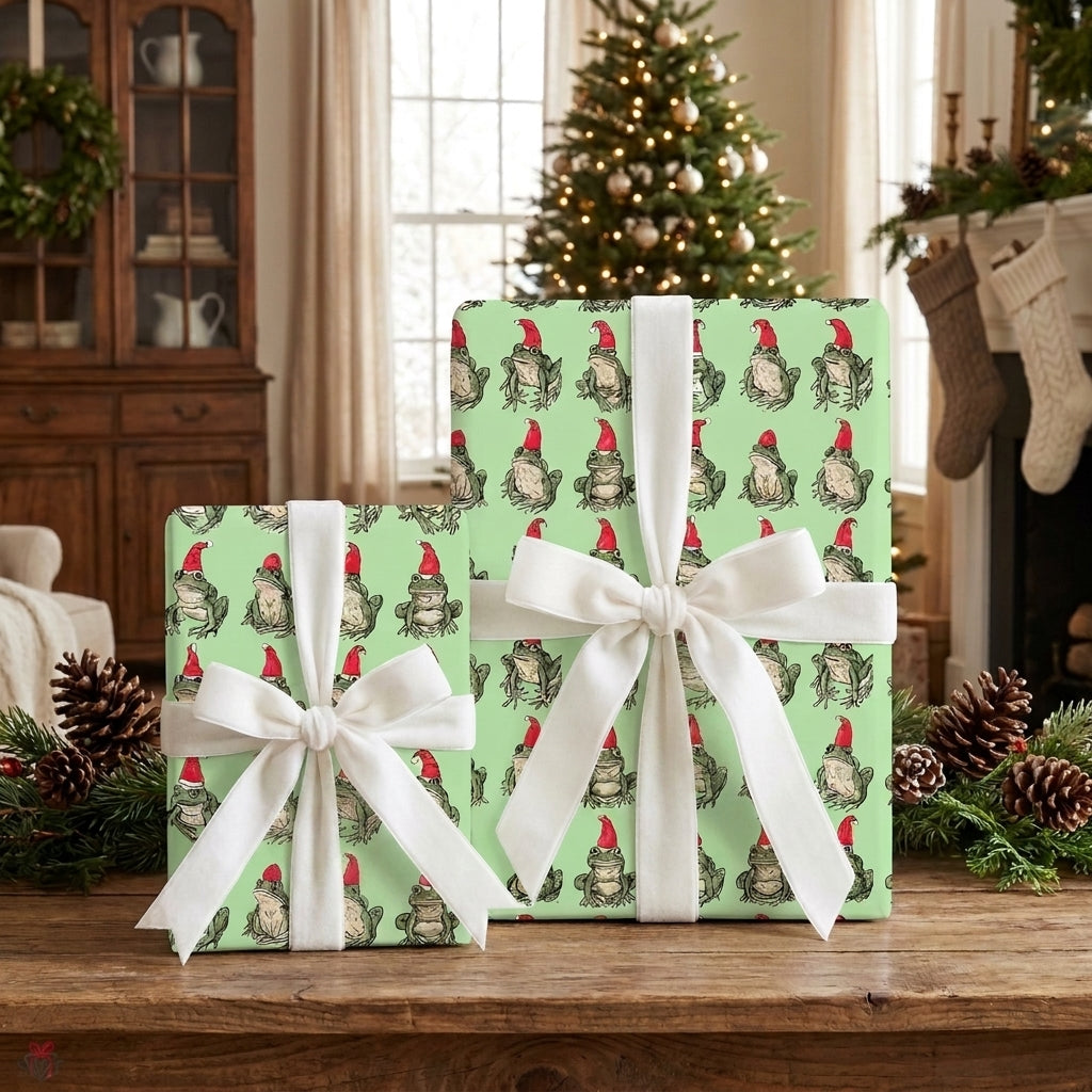 Whimsical frog Christmas wrapping paper with Santa hats and white bows by Wrapped Studios.