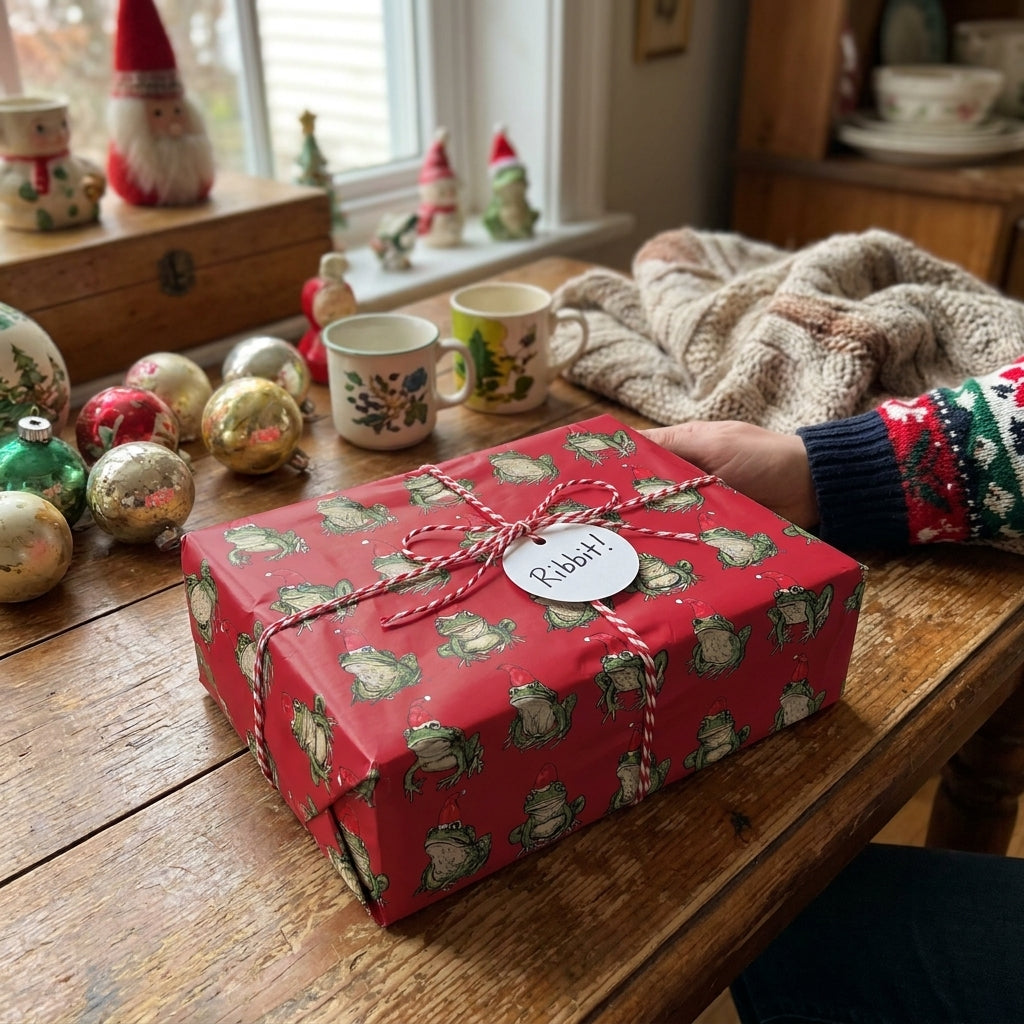 Funny frog Christmas wrapping paper on a holiday gift box, by Wrapped Studios.