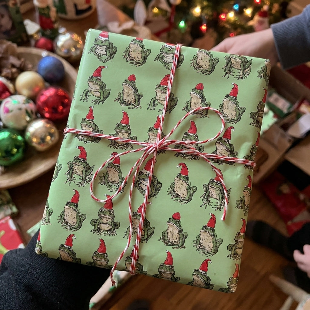 Hands holding a gift in Christmas frog wrapping paper by Wrapped Studios, tied with festive red and white twine.